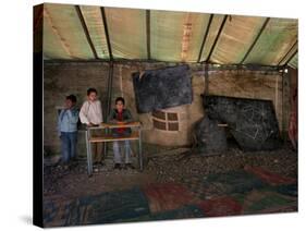 Afghan Boys Wait for Other Students and the Teacher-null-Stretched Canvas