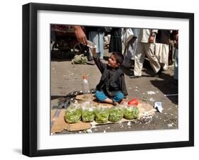 Afghan Child 5, Receives a Bottle of Water-Musadeq Sadeq-Framed Photographic Print