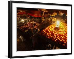 Afghan Fruit Vendor Waits for Customer at a Local Market in Kabul, Afghanistan-null-Framed Photographic Print