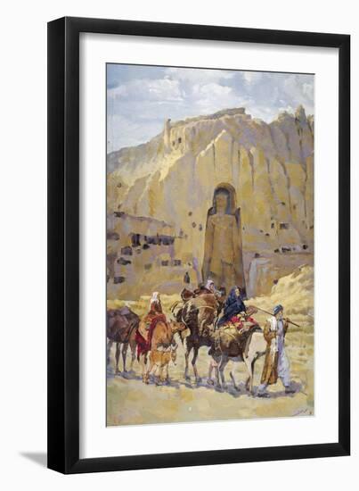 Afghan Nomad Family in Front of One of Two Buddhas of Bamiyan, 1950-null-Framed Giclee Print