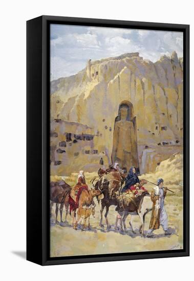 Afghan Nomad Family in Front of One of Two Buddhas of Bamiyan, 1950-null-Framed Stretched Canvas