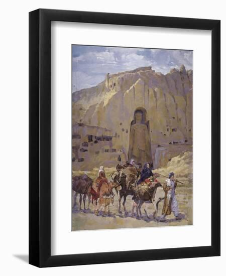 Afghan Nomad Family in Front of the Buddhas of Bamiyan, 1950-null-Framed Giclee Print