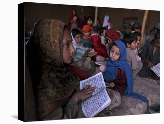Afghan Refugee Children Holding Copies of the Quran, Repeat after their Teacher-null-Stretched Canvas