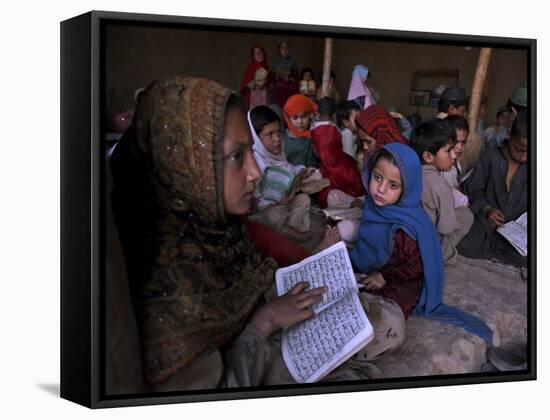 Afghan Refugee Children Holding Copies of the Quran, Repeat after their Teacher-null-Framed Stretched Canvas