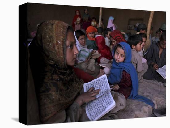 Afghan Refugee Children Holding Copies of the Quran, Repeat after their Teacher-null-Stretched Canvas