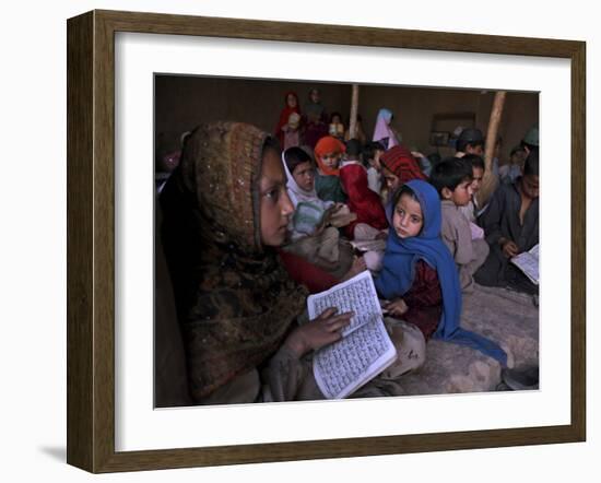 Afghan Refugee Children Holding Copies of the Quran, Repeat after their Teacher-null-Framed Photographic Print