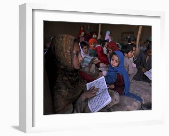 Afghan Refugee Children Holding Copies of the Quran, Repeat after their Teacher-null-Framed Photographic Print