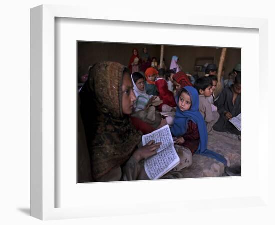 Afghan Refugee Children Holding Copies of the Quran, Repeat after their Teacher-null-Framed Photographic Print