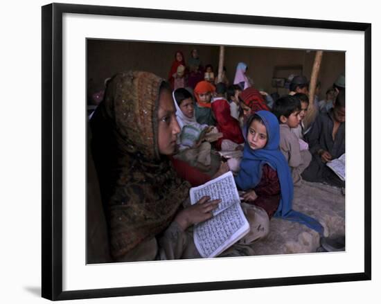 Afghan Refugee Children Holding Copies of the Quran, Repeat after their Teacher-null-Framed Photographic Print