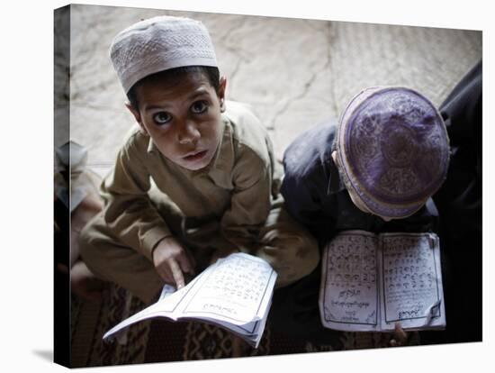 Afghan Refugee Children Read Verses of the Quran During a Daily Class at a Mosque in Pakistan-null-Stretched Canvas