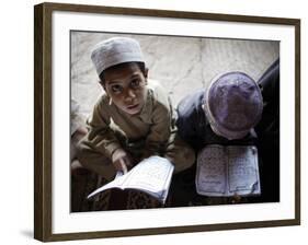 Afghan Refugee Children Read Verses of the Quran During a Daily Class at a Mosque in Pakistan-null-Framed Photographic Print