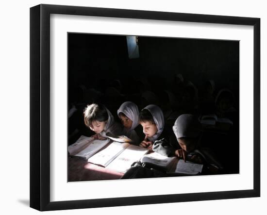 Afghan School Girls Read their Lessons at the Aziz Afghan Secondary School in Kabul, Afghanistan-null-Framed Premium Photographic Print