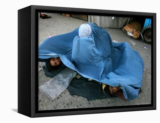 Afghans Girls Look out from the Burqa of Their Mother-null-Framed Stretched Canvas