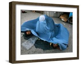 Afghans Girls Look out from the Burqa of Their Mother-null-Framed Photographic Print