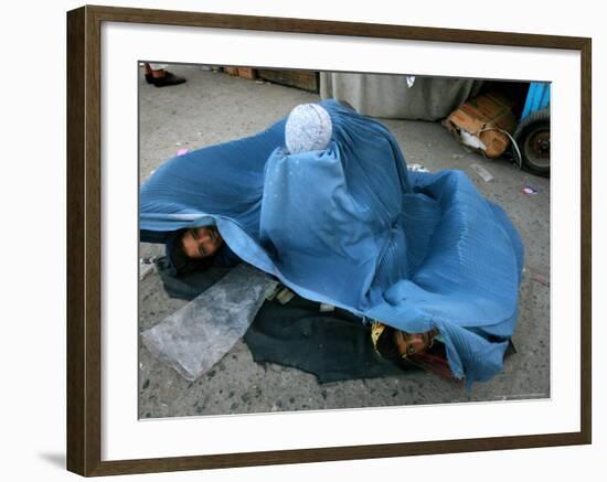 Afghans Girls Look out from the Burqa of Their Mother-null-Framed Photographic Print