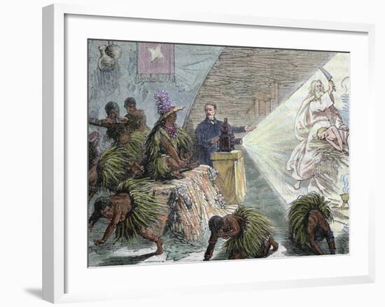 Africa, European Settler Instructing Natives by a Projection with the Unit, 'Magic Lantern' (1879)-Prisma Archivo-Framed Photographic Print