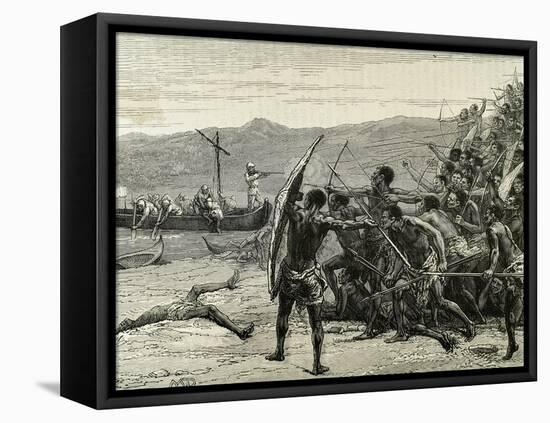 Africa. Explorers Confronting with Natives of Bumbireh Island-null-Framed Stretched Canvas