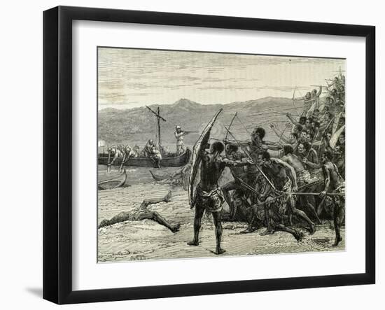 Africa. Explorers Confronting with Natives of Bumbireh Island-null-Framed Giclee Print