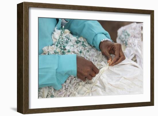 Africa, Gambia, Banjul. Close-up of Woman tying fabric for dyeing.-Alida Latham-Framed Photographic Print