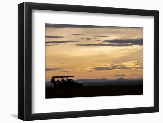 Africa, Kenya, Northern Serengeti Plains, Maasai Mara. Mara sunrise with safari jeep silhouette.-Cindy Miller Hopkins-Framed Photographic Print