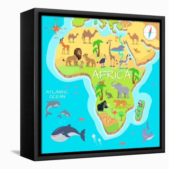 Africa Mainland Cartoon Map with Local Fauna. Cute African Animals Flat Vector. Savannah Predator.-robuart-Framed Stretched Canvas