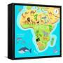 Africa Mainland Cartoon Map with Local Fauna. Cute African Animals Flat Vector. Savannah Predator.-robuart-Framed Stretched Canvas
