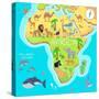 Africa Mainland Cartoon Map with Local Fauna. Cute African Animals Flat Vector. Savannah Predator.-robuart-Stretched Canvas