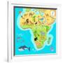 Africa Mainland Cartoon Map with Local Fauna. Cute African Animals Flat Vector. Savannah Predator.-robuart-Framed Art Print