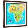 Africa Mainland Cartoon Map with Local Fauna. Cute African Animals Flat Vector. Savannah Predator.-robuart-Framed Art Print