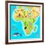 Africa Mainland Cartoon Map with Local Fauna. Cute African Animals Flat Vector. Savannah Predator.-robuart-Framed Art Print