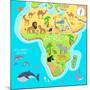 Africa Mainland Cartoon Map with Local Fauna. Cute African Animals Flat Vector. Savannah Predator.-robuart-Mounted Art Print