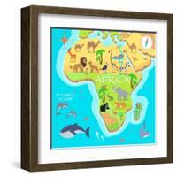 Africa Mainland Cartoon Map with Local Fauna. Cute African Animals Flat Vector. Savannah Predator.-robuart-Framed Art Print