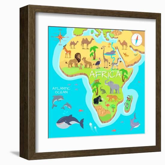 Africa Mainland Cartoon Map with Local Fauna. Cute African Animals Flat Vector. Savannah Predator.-robuart-Framed Art Print