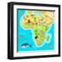 Africa Mainland Cartoon Map with Local Fauna. Cute African Animals Flat Vector. Savannah Predator.-robuart-Framed Art Print