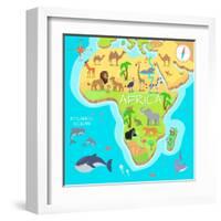 Africa Mainland Cartoon Map with Local Fauna. Cute African Animals Flat Vector. Savannah Predator.-robuart-Framed Art Print