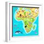 Africa Mainland Cartoon Map with Local Fauna. Cute African Animals Flat Vector. Savannah Predator.-robuart-Framed Art Print