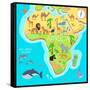 Africa Mainland Cartoon Map with Local Fauna. Cute African Animals Flat Vector. Savannah Predator.-robuart-Framed Stretched Canvas