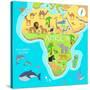 Africa Mainland Cartoon Map with Local Fauna. Cute African Animals Flat Vector. Savannah Predator.-robuart-Stretched Canvas