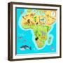 Africa Mainland Cartoon Map with Local Fauna. Cute African Animals Flat Vector. Savannah Predator.-robuart-Framed Art Print