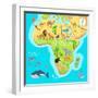 Africa Mainland Cartoon Map with Local Fauna. Cute African Animals Flat Vector. Savannah Predator.-robuart-Framed Art Print