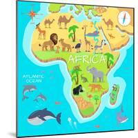 Africa Mainland Cartoon Map with Local Fauna. Cute African Animals Flat Vector. Savannah Predator.-robuart-Mounted Art Print