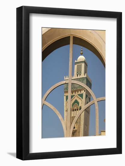 Africa, Morocco, Casablanca. the Minaret of Hassan Ii Mosque Is Reflected in a Window-Brenda Tharp-Framed Photographic Print