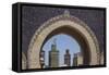 Africa, Morocco, Fes. an Arch with Classic Moorish Decor Frames Two Minarets-Brenda Tharp-Framed Stretched Canvas