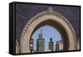 Africa, Morocco, Fes. an Arch with Classic Moorish Decor Frames Two Minarets-Brenda Tharp-Framed Stretched Canvas