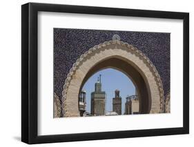 Africa, Morocco, Fes. an Arch with Classic Moorish Decor Frames Two Minarets-Brenda Tharp-Framed Photographic Print