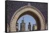 Africa, Morocco, Fes. an Arch with Classic Moorish Decor Frames Two Minarets-Brenda Tharp-Framed Stretched Canvas