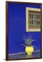 Africa, Morocco, Marrakesh. Cactus in a Bright Yellow Pot Against a Vivid Majorelle Blue Wall-Alida Latham-Framed Photographic Print