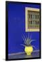 Africa, Morocco, Marrakesh. Cactus in a Bright Yellow Pot Against a Vivid Majorelle Blue Wall-Alida Latham-Framed Photographic Print