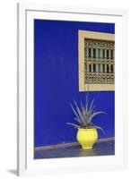 Africa, Morocco, Marrakesh. Cactus in a Bright Yellow Pot Against a Vivid Majorelle Blue Wall-Alida Latham-Framed Photographic Print