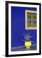 Africa, Morocco, Marrakesh. Cactus in a Bright Yellow Pot Against a Vivid Majorelle Blue Wall-Alida Latham-Framed Photographic Print